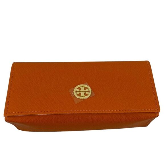 TORY Burch Saffiano Orange Leather Sun Reading Glass Case Gold Logo US OS - Picture 2 of 6
